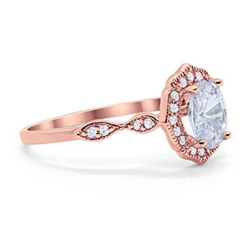 Antique Style Oval Engagement Ring Rose Tone, Simulated CZ 925 Sterling Silver